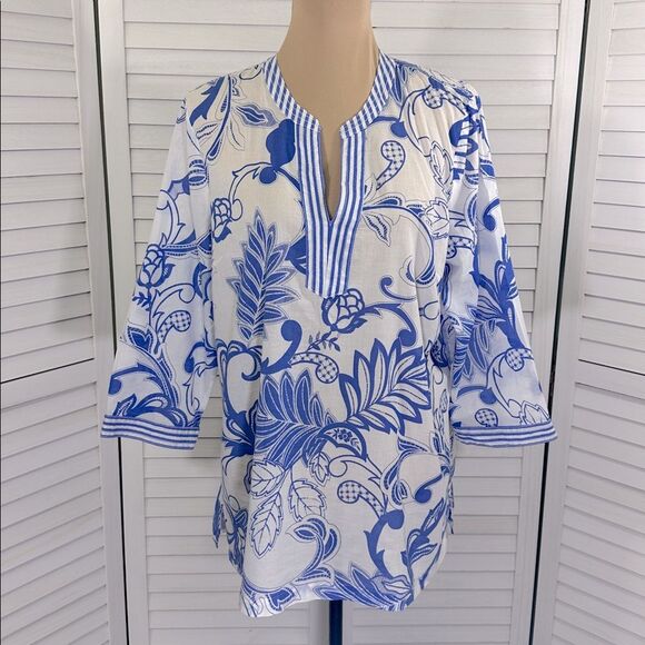 Talbots Tunic Size Large Paisley Blue White Floral  NWOT - Picture 2 of 11